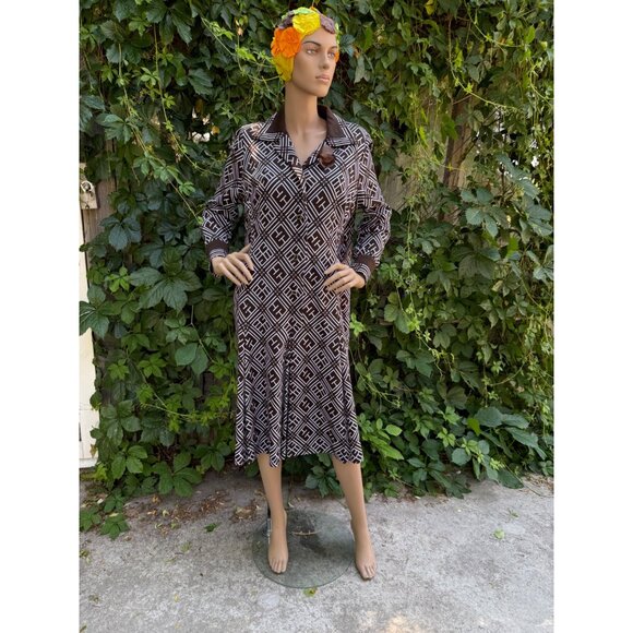 60s 70s Francoise Desarbre Wool Blend Knit Dress Brown Ivory Geometric France - Picture 1 of 16